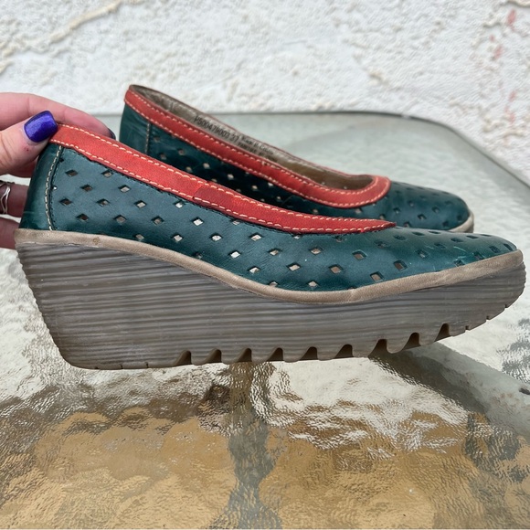 Fly London Yeo Perf Petrol Wedge Platform Slip On Walking Shoe - Picture 9 of 16